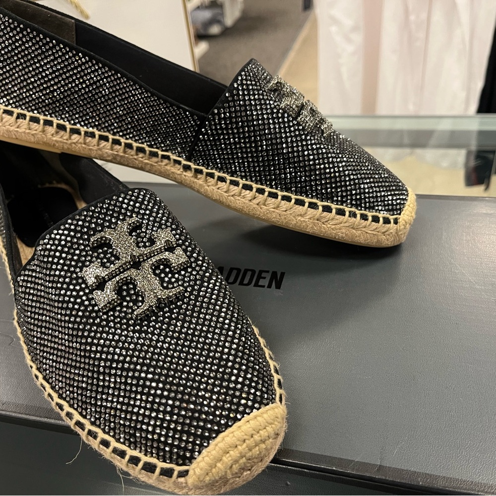Tory Burch Everly Suede Black Espadrilles with Rhinestones